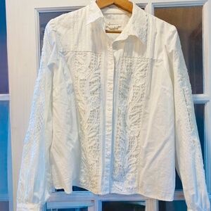 Anthropologie Women's White Crop Button Up Blouse with Cut-Out Detail, Size L